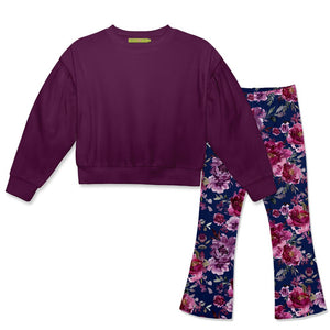 Plum Crewneck Sweatshirt & Floral Favorite Flare Leggings - Millieloveslily.com