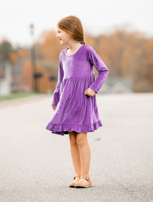 Millie Loves Lily Girls'Purple Rib Velour Long Sleeve Dress With Ruffle