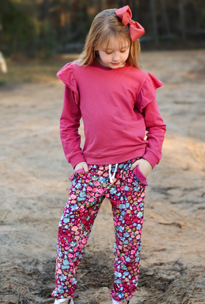 Slate Rose Angel-Sleeve Top & Velour Berry Floral Joggers - Millieloveslily.com