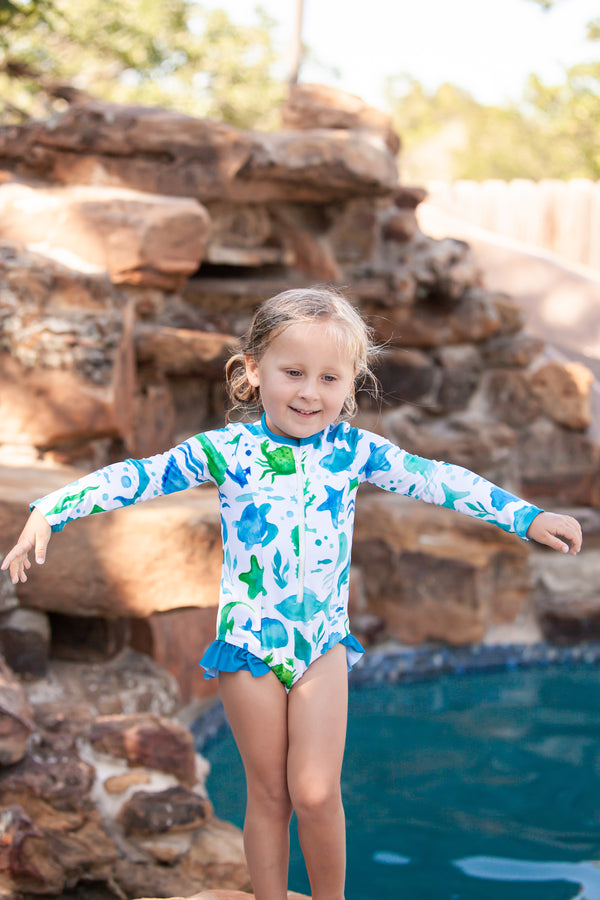 White Water Color Sea Ruffle-Accent Zip Front 1-pc