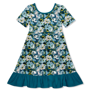 Teal Floral Ruffle-Hem Dress - Millieloveslily.com