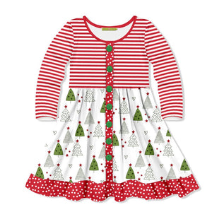 White & Red Christmas Tree Forest Long-Sleeve A-Line Dress - Millieloveslily.com