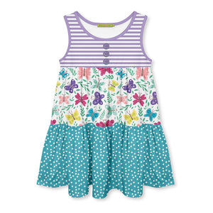 White & Turquoise Bonnie Butterfly Tiered Sleeveless A - Line Dress - Millieloveslily.com