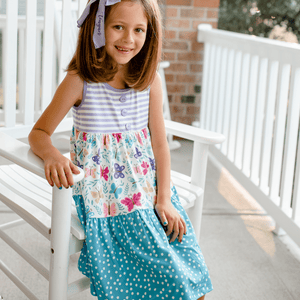 White & Turquoise Bonnie Butterfly Tiered Sleeveless A - Line Dress - Millieloveslily.com
