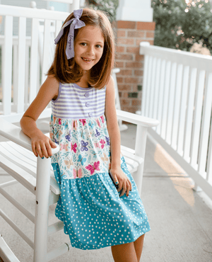 White & Turquoise Bonnie Butterfly Tiered Sleeveless A - Line Dress - Millieloveslily.com