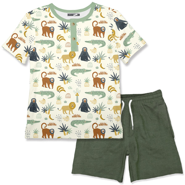 White Zoo Animals Henley & Pocket Shorts