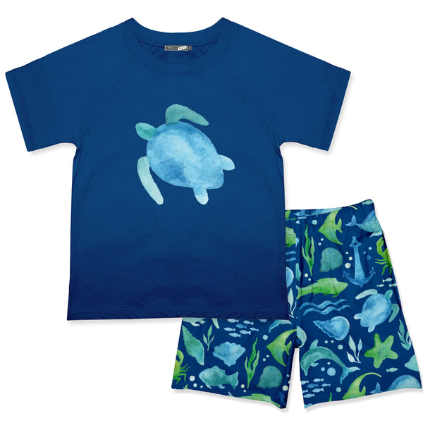 Navy Crewneck Tee & Watercolor Sea Pocket Shorts