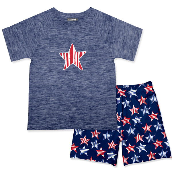 Navy Heather Crewneck Tee & Royal Stars & Stripes Pocket Shorts