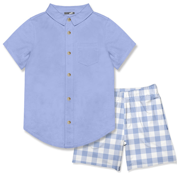 Periwinkle Short-Sleeve Button-Up & Gingham Pocket Shorts