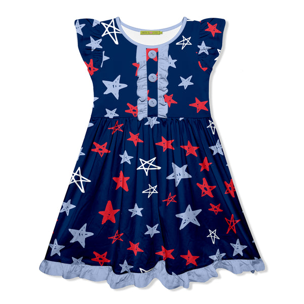 Navy American Stars Button-Front Angel-Sleeve Dress