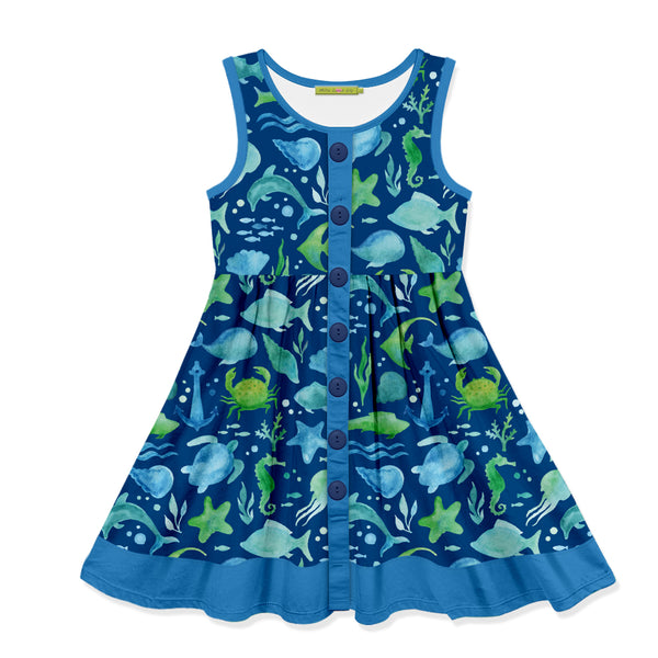 Navy Watercolor Sea Sleeveless Button-Front A-Line Dress