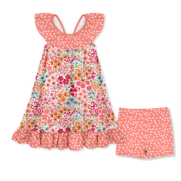 Coral Samantha Floral Ruffle Yoke A-Line Dress & Dot Shorts
