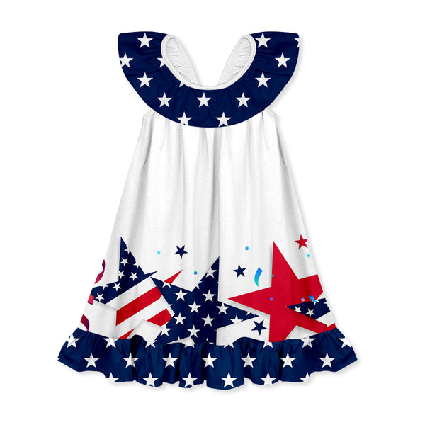 White & Navy Star Border Ruffle-Hem Yoke Dress