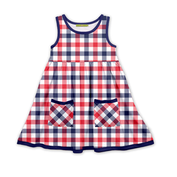 Navy & Red Americana Check Sleeveless Pocket A-Line Dress