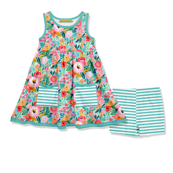 Turquoise Green Floral Sleeveless Pocket A-Line Dress & Stripe Shorts