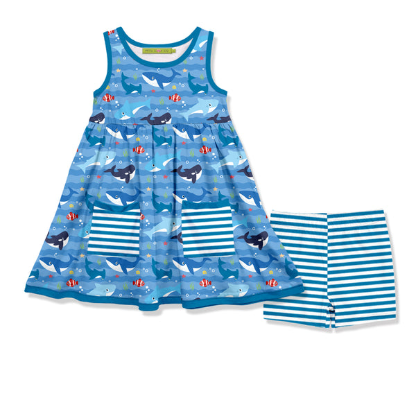 Blue Whale Sleeveless Pocket A-Line Dress & Stripe Shorts