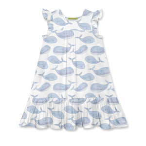 White & Periwinkle Whales Square Neck Angel Sleeve Dress