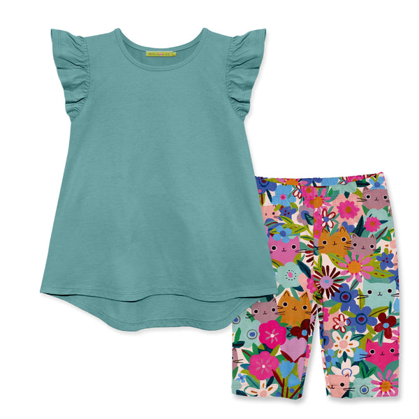 Nile Blue Angel-Sleeve Hi-Low Top & Kitten Floral Bike Shorts