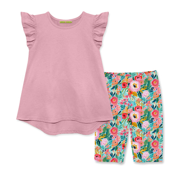 Dusty Pink Angel-Sleeve Hi-Low Top & Floral Bike Shorts