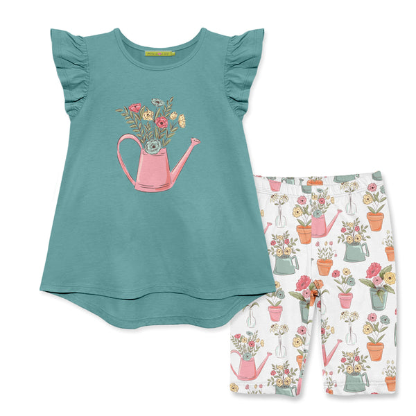 Nile Blue Angel-Sleeve Hi-Low Top & Flower Pots Bike Shorts