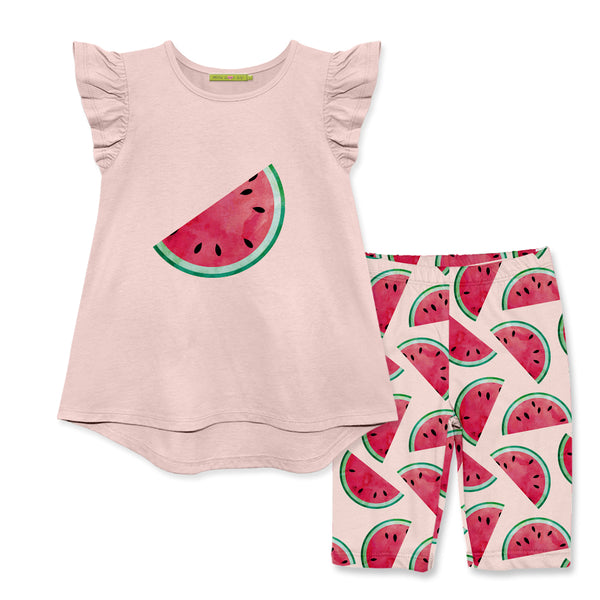 Light Pink Angel-Sleeve Hi-Low Top & Watermelon Bike Shorts