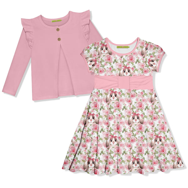 Pink Sweet Rose Cap-Sleeve Dress & Cardigan
