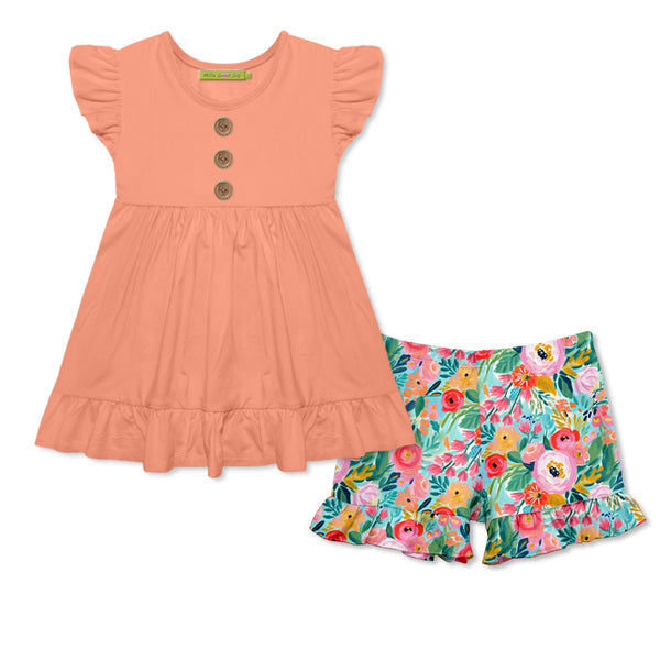 Coral Angel-Sleeve Top & Floral Ruffle Shorts