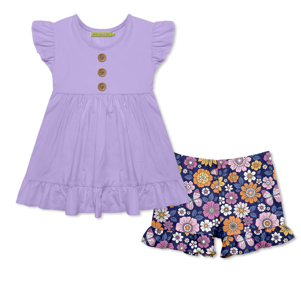 Orchid Petal Angel-Sleeve Top & Floral Ruffle Shorts