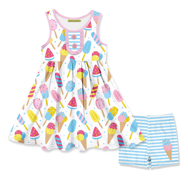 White Icecream Party Button-Accent Sleeveless A-Line Dress & Stripe Shorts