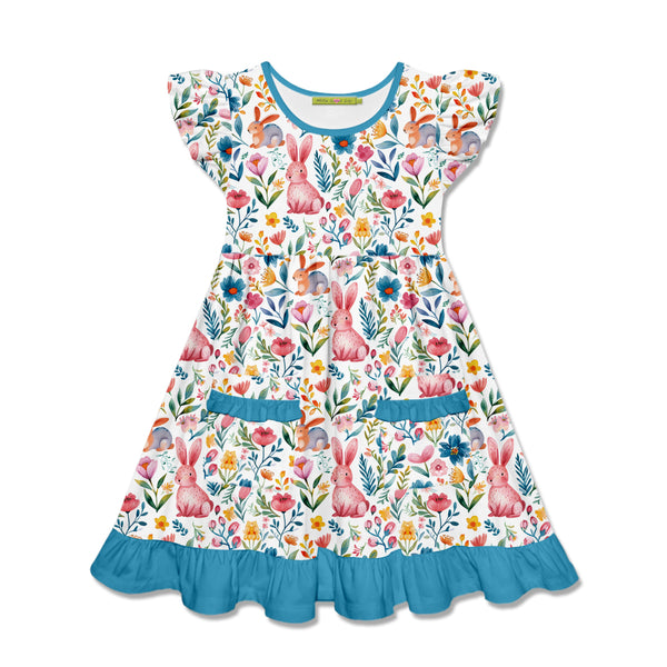 Turquoise Bunny Flower Patch-Pocket Dress