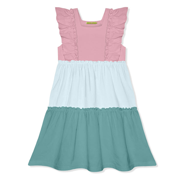 Pink Color Block Ruffle Tiered A-Line Dress