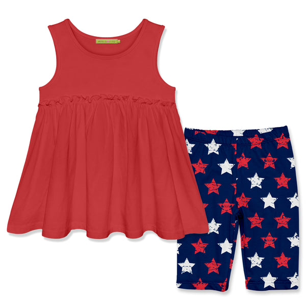 Red Sleeveless Ruffle Babydoll Top & U.S.A Stars Bike Shorts