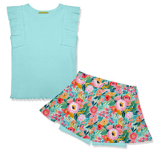 Mint Ribbed Ruffle Sleeveless Top & Floral Skort