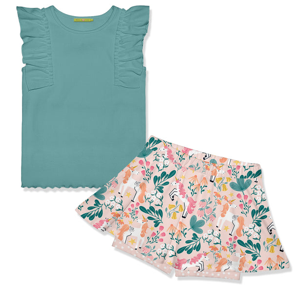 Nile Blue Ribbed Ruffle Sleeveless Top & Diminika Unicorn Skort
