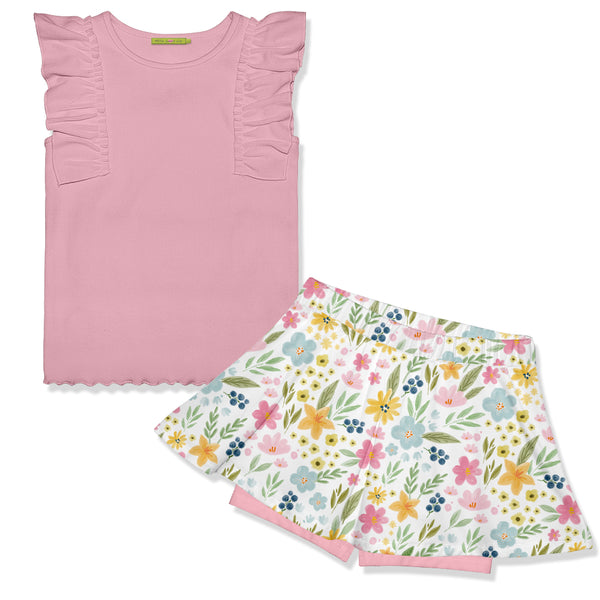 Dusty Pink Ribbed Top & Spring Flower Skort