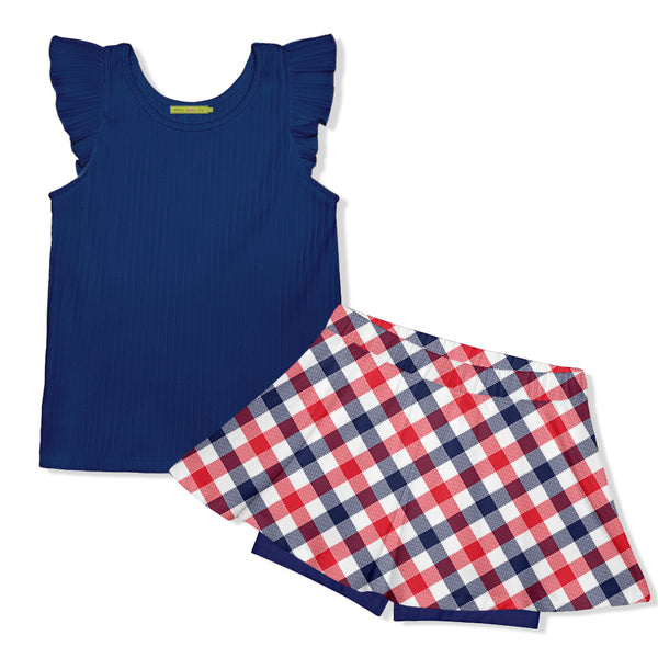 Navy Ribbed Angel-Sleeve Top & Red American Check Skort