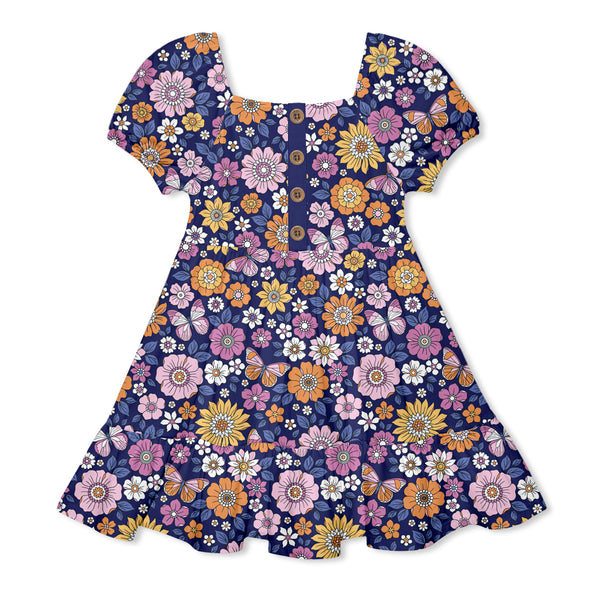 Navy Floral Ruffle-Hem A-Line Dress