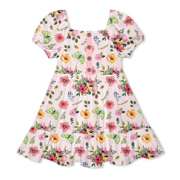 Pale Pink Butterfly Floral Ruffle-Hem A-Line Dress