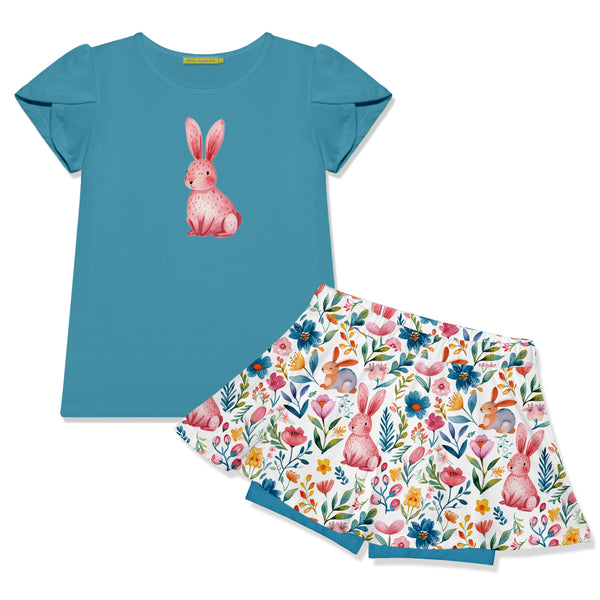 Turquoise Tulip-Sleeve Top & Bunny Flower Skort
