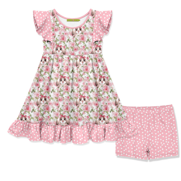 Pink Sweet Rose Angel-Sleeve Dress & Dot Shorts