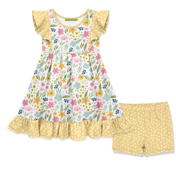 Yellow Spring Flower Angel-Sleeve Dress & Dot Shorts
