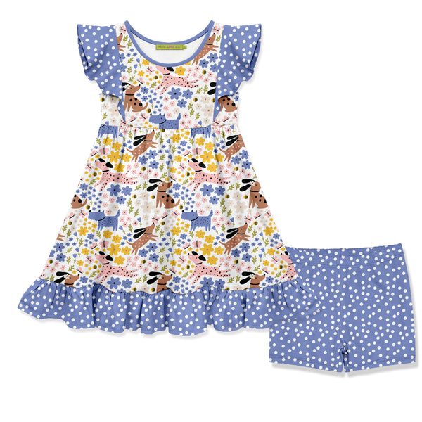 Blue Iris Dog Angel-Sleeve Dress & Dot Shorts