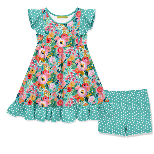 Turquoise Green Floral Angel-Sleeve Dress & Dot Shorts