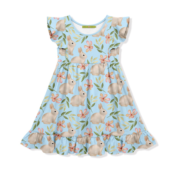 Light Blue Bunny Flower Angel-Sleeve Dress