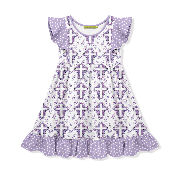 Purple Cross Flower Angel-Sleeve Dress