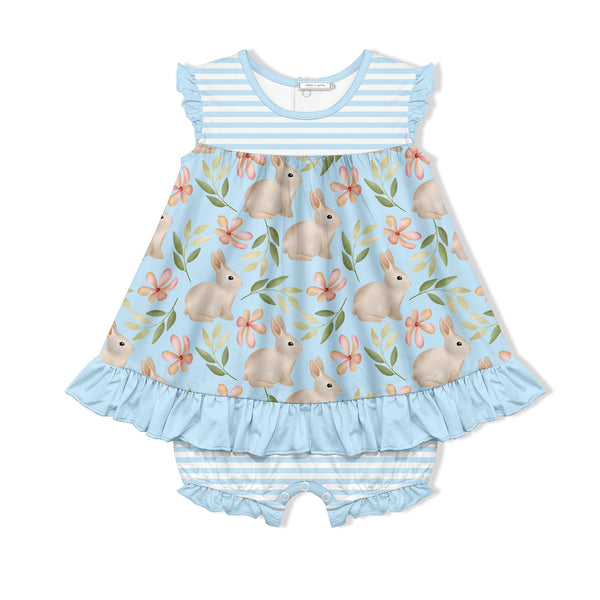 Light Blue Bunny Flower Skirted Bubble Romper