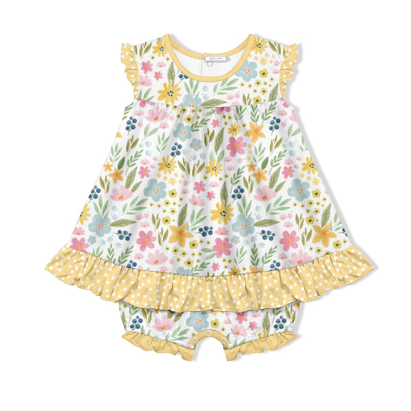 White Spring Flower Skirted Bubble Romper