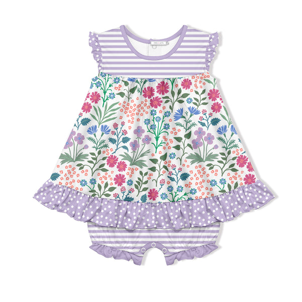 Purple Spring Flower Skirted Bubble Romper