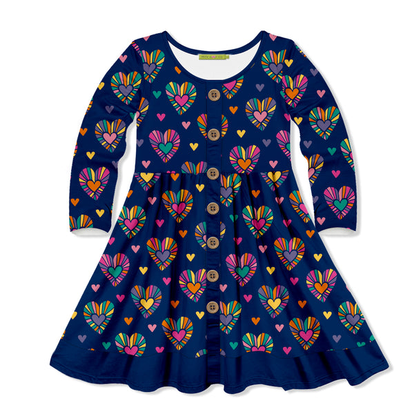Navy Wild Hearts Button-Front A-Line Dress