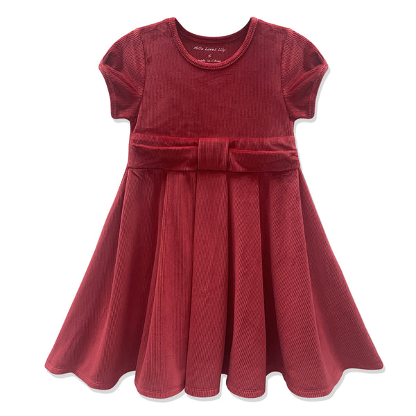 Red Velour Short-Sleeve A-Line Dress